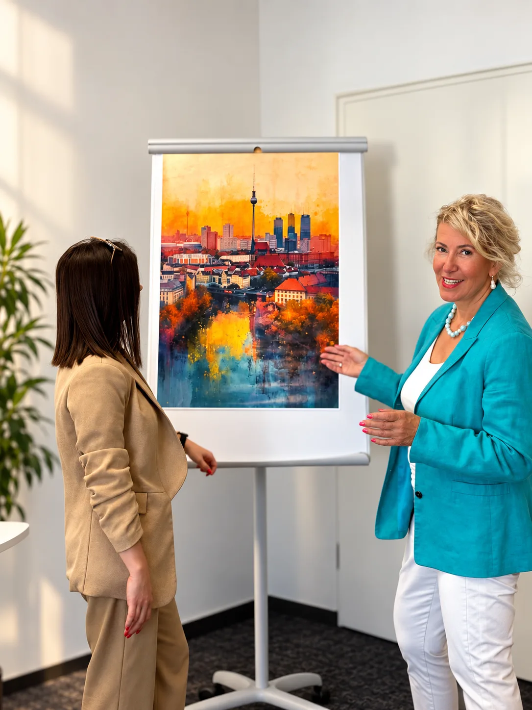 Beratungsgespräch zu zweit vor einem Bild der Berliner Skyline
